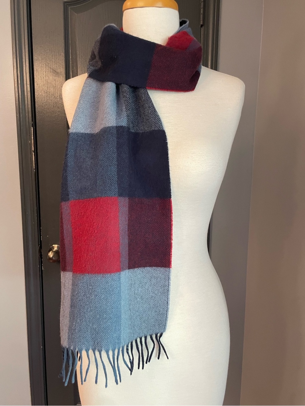 Vintage Nordstrom German Lambswool  Blue and Red Plaid Scarf